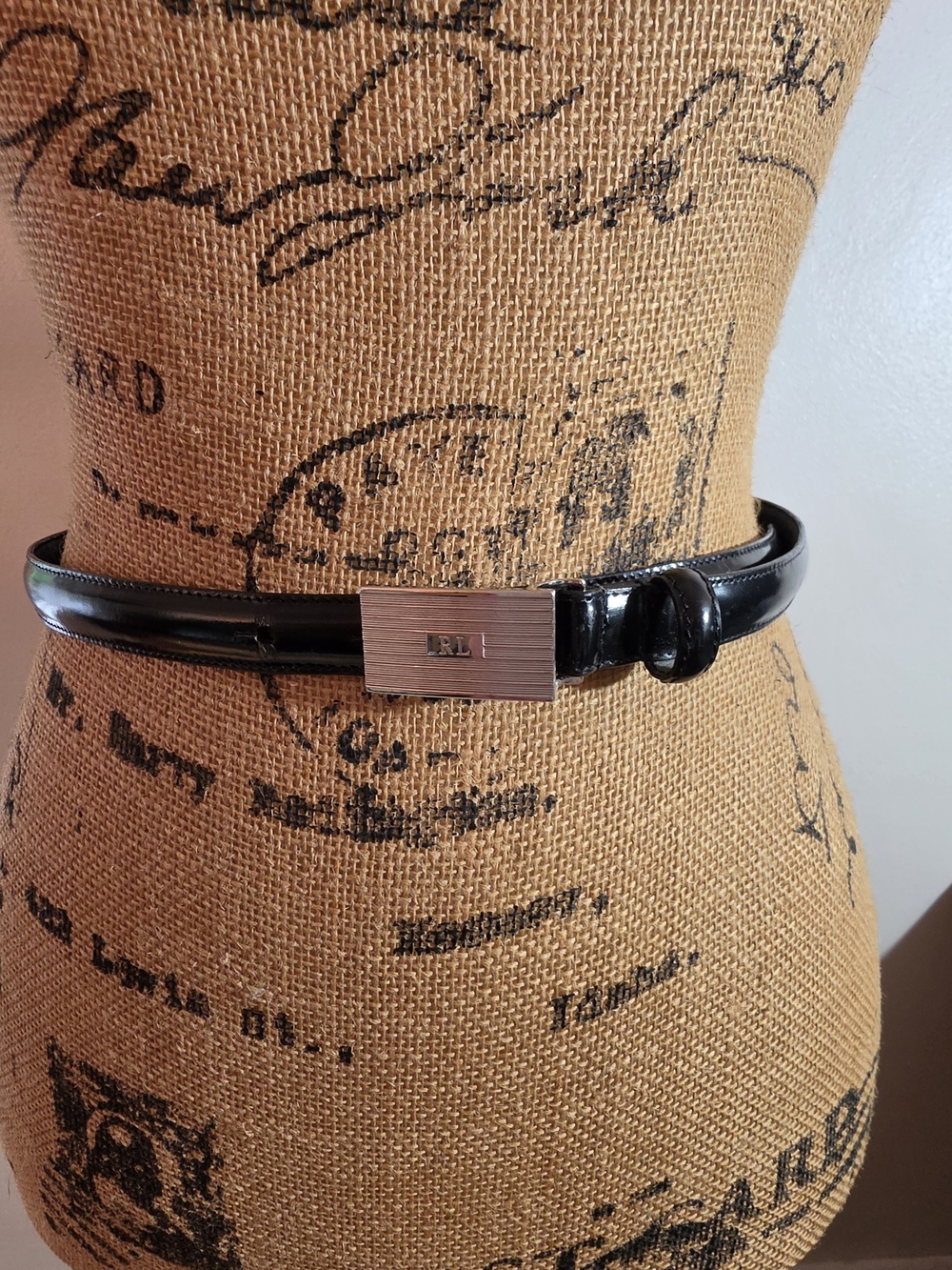Ralph Lauren Double RL Black Patent Leather Slim Belt with Brushed Metal Buckle